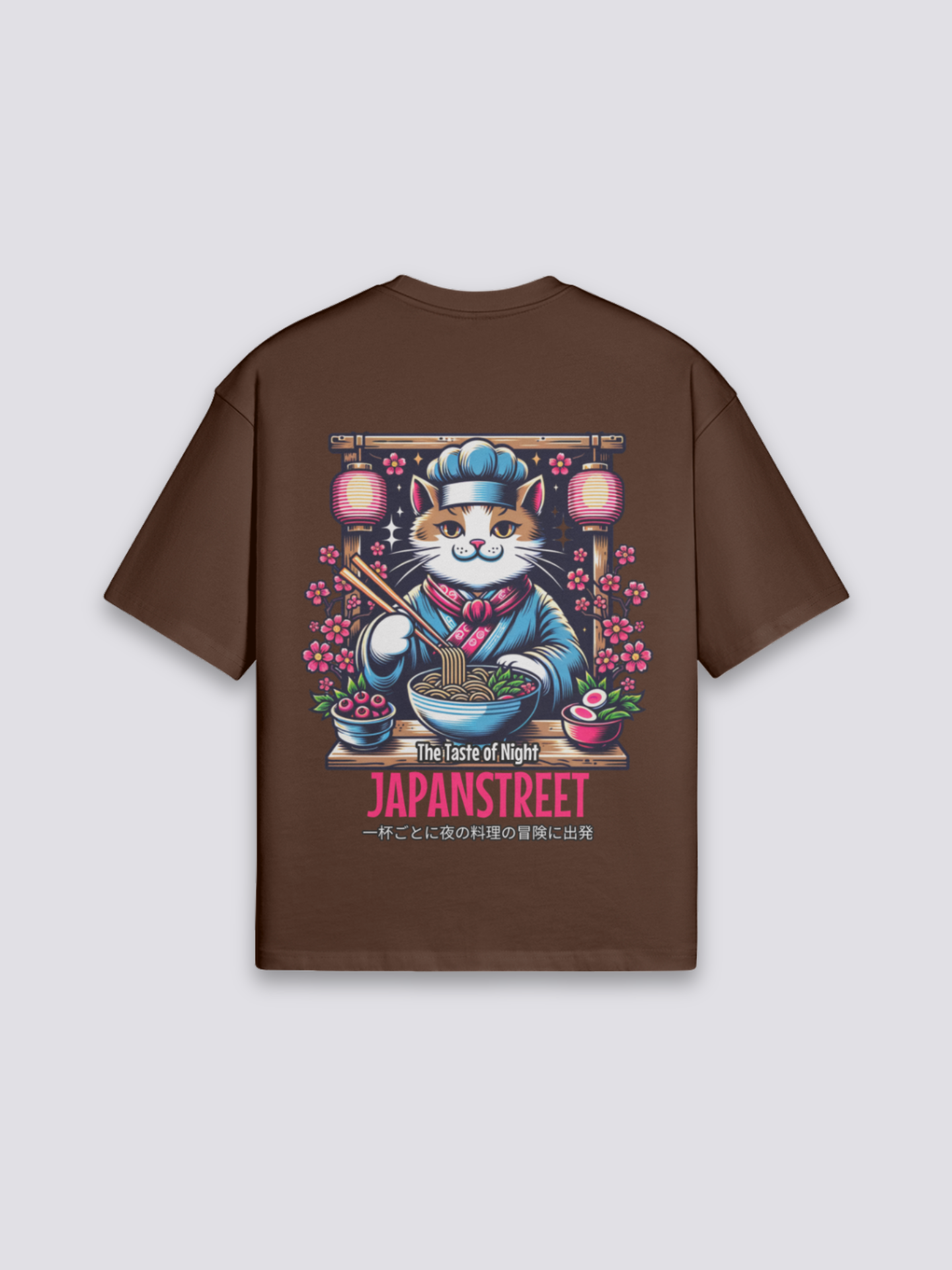 Camiseta gato cocinero ramen marrón estampado japonés oversize