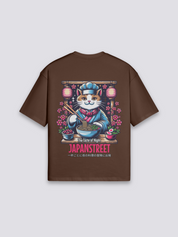 Camiseta gato cocinero ramen marrón estampado japonés oversize