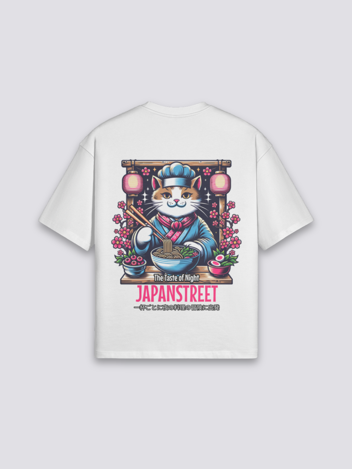Camiseta gato cocinero ramen blanco estampado japonés oversize