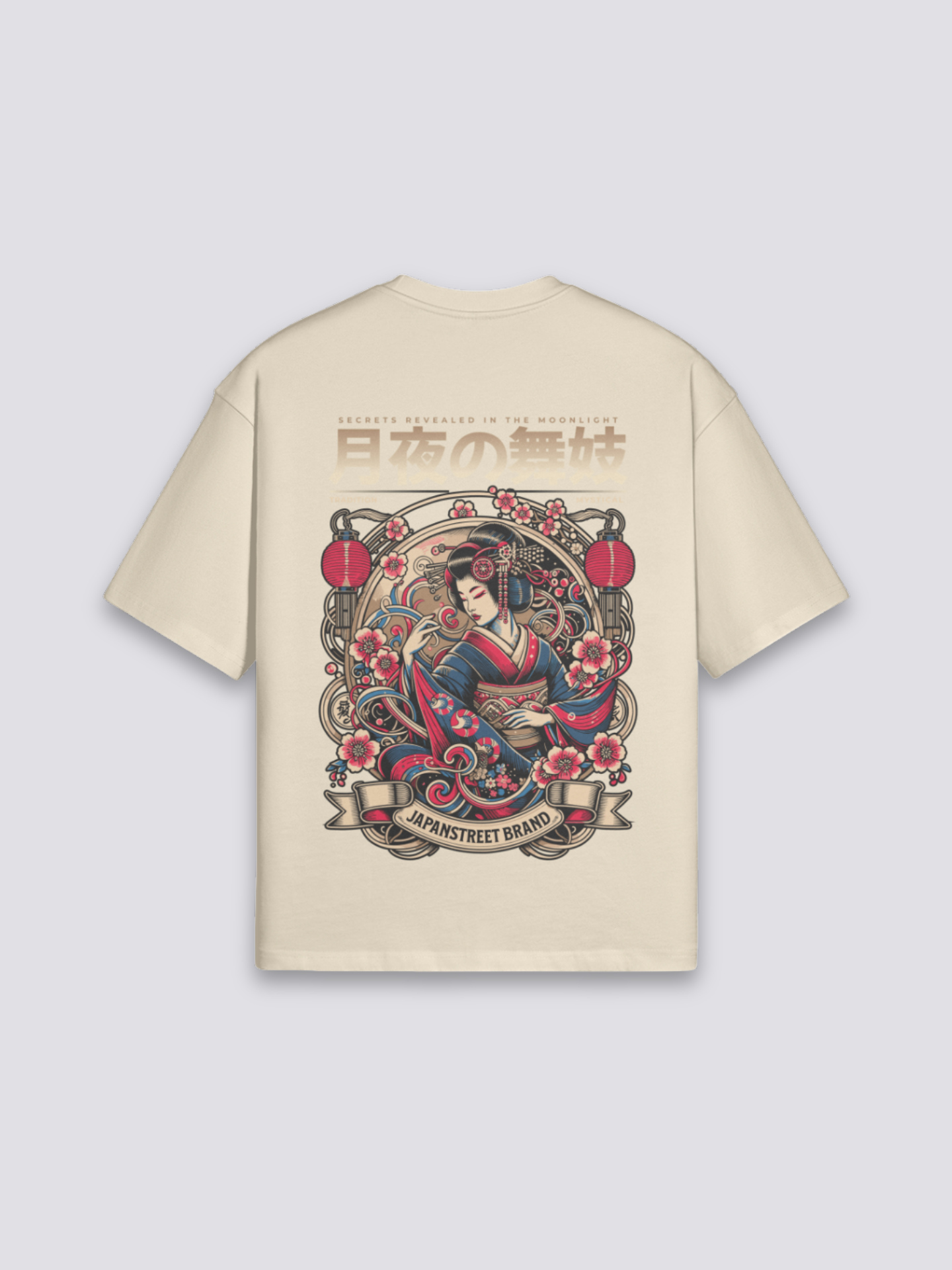 Camiseta geisha hanami beige estampado japonés oversize