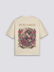 Camiseta geisha hanami beige estampado japonés oversize