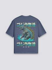 Camiseta monstruo gigante kaijū azul marino estampado japonés oversize