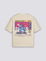 Camiseta Harajuku personajes funky beige estampado japonés oversize