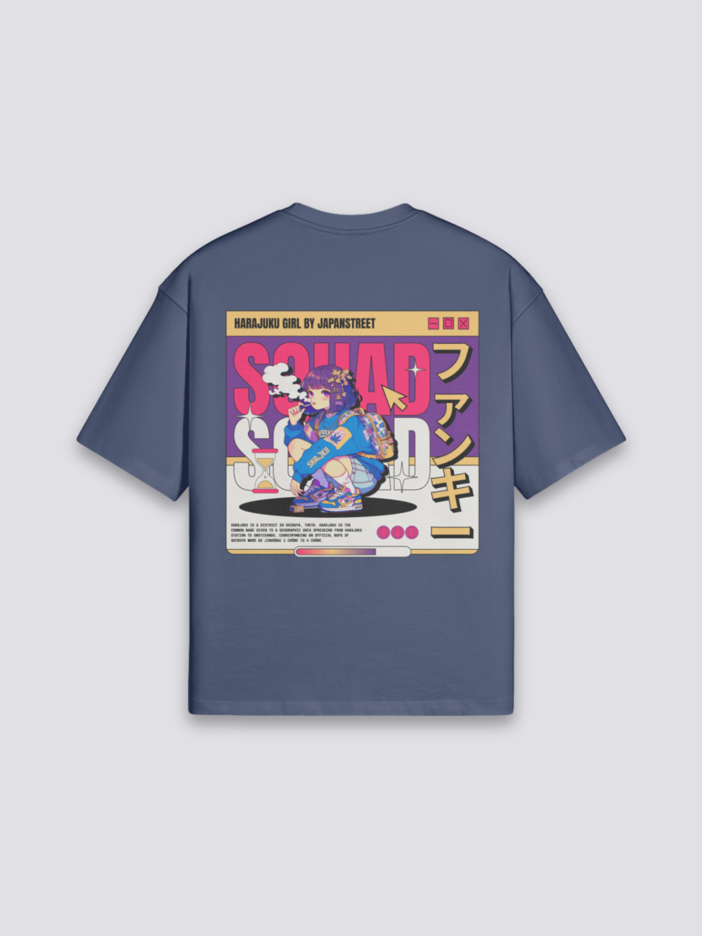 Camiseta Harajuku personajes funky azul marino estampado japonés oversize