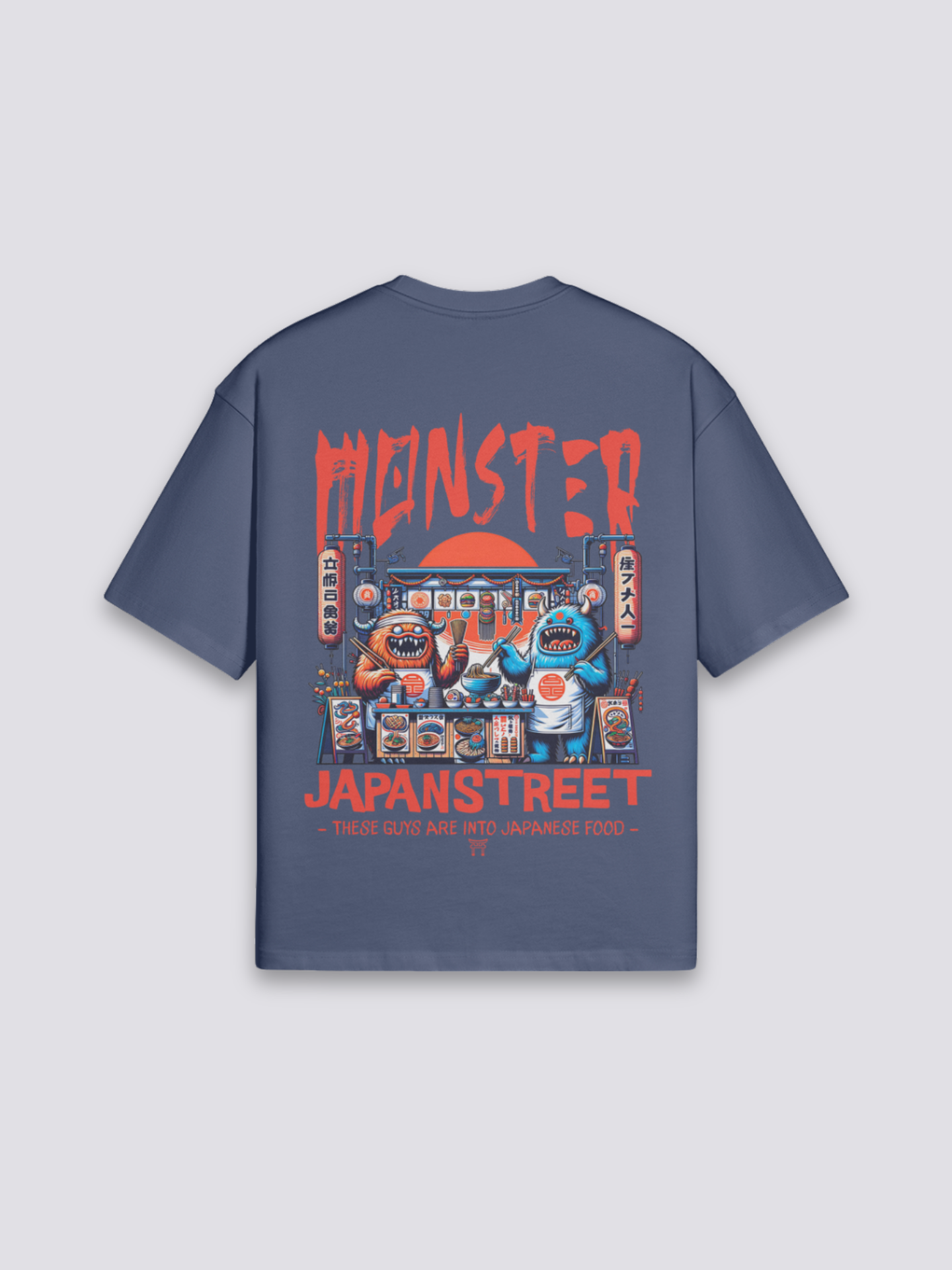 Camiseta food truck yatai azul marino estampado japonés oversize