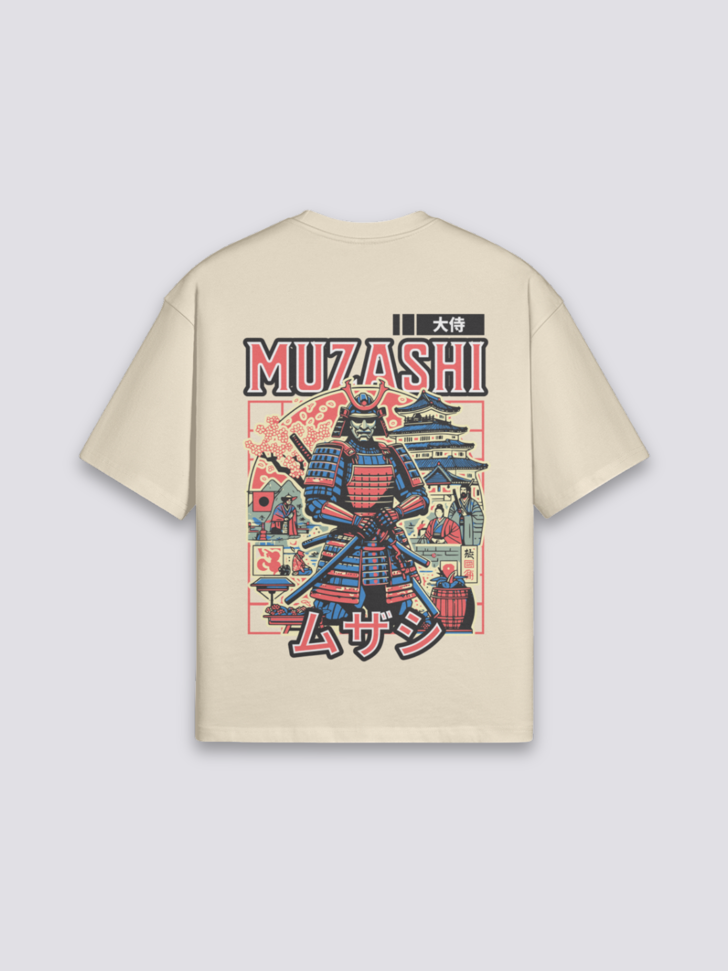 Camiseta estampa samurái ukiyo-e beige estampado japonés oversize