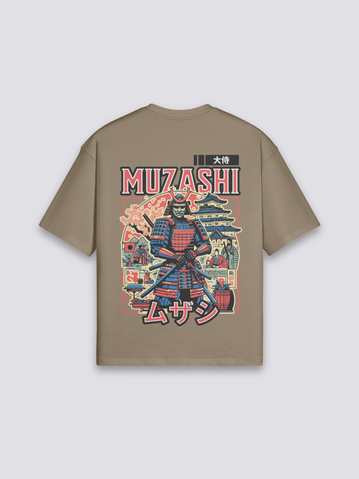 Camiseta estampa samurái ukiyo-e marrón estampado japonés oversize