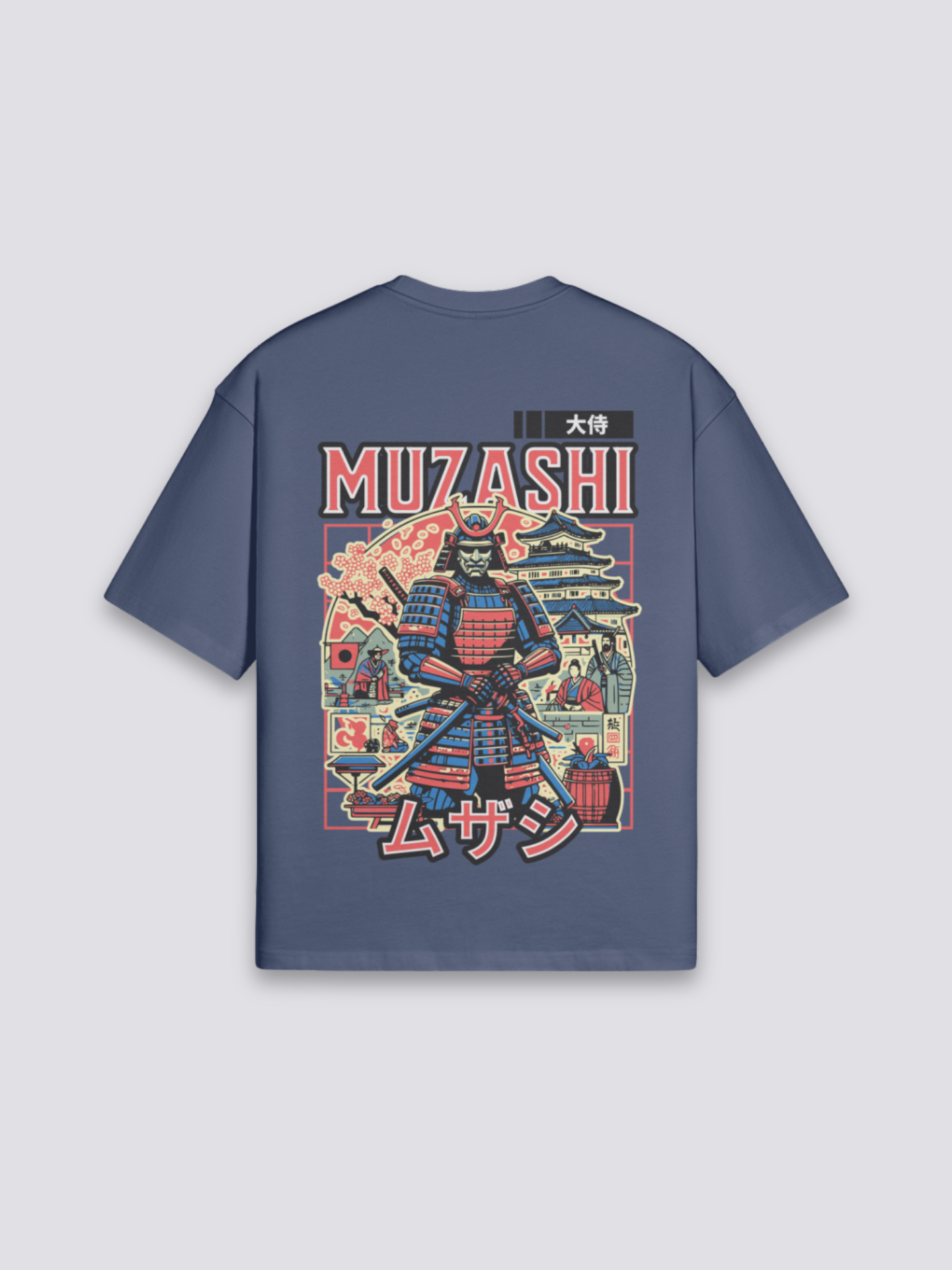 Camiseta estampa samurái ukiyo-e azul marino estampado japonés oversize