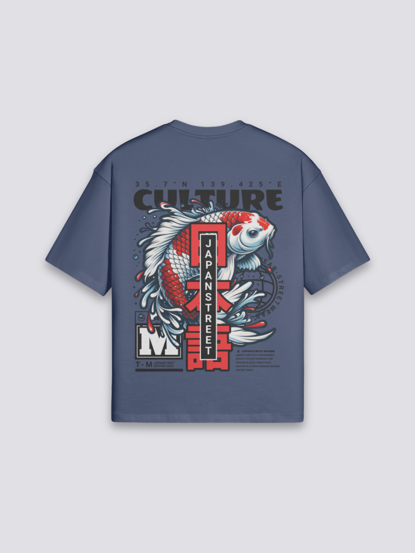 Camiseta japonesa de algodón carpa koi azul marino estampado japonés oversize