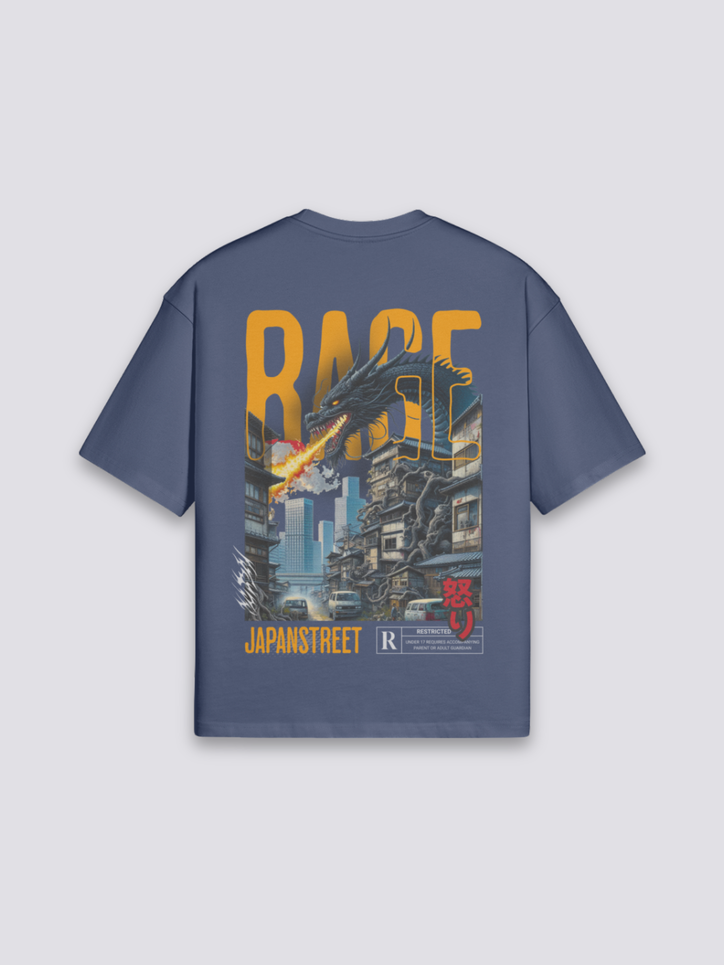 Camiseta dragón en furia azul marino estampado japonés oversize