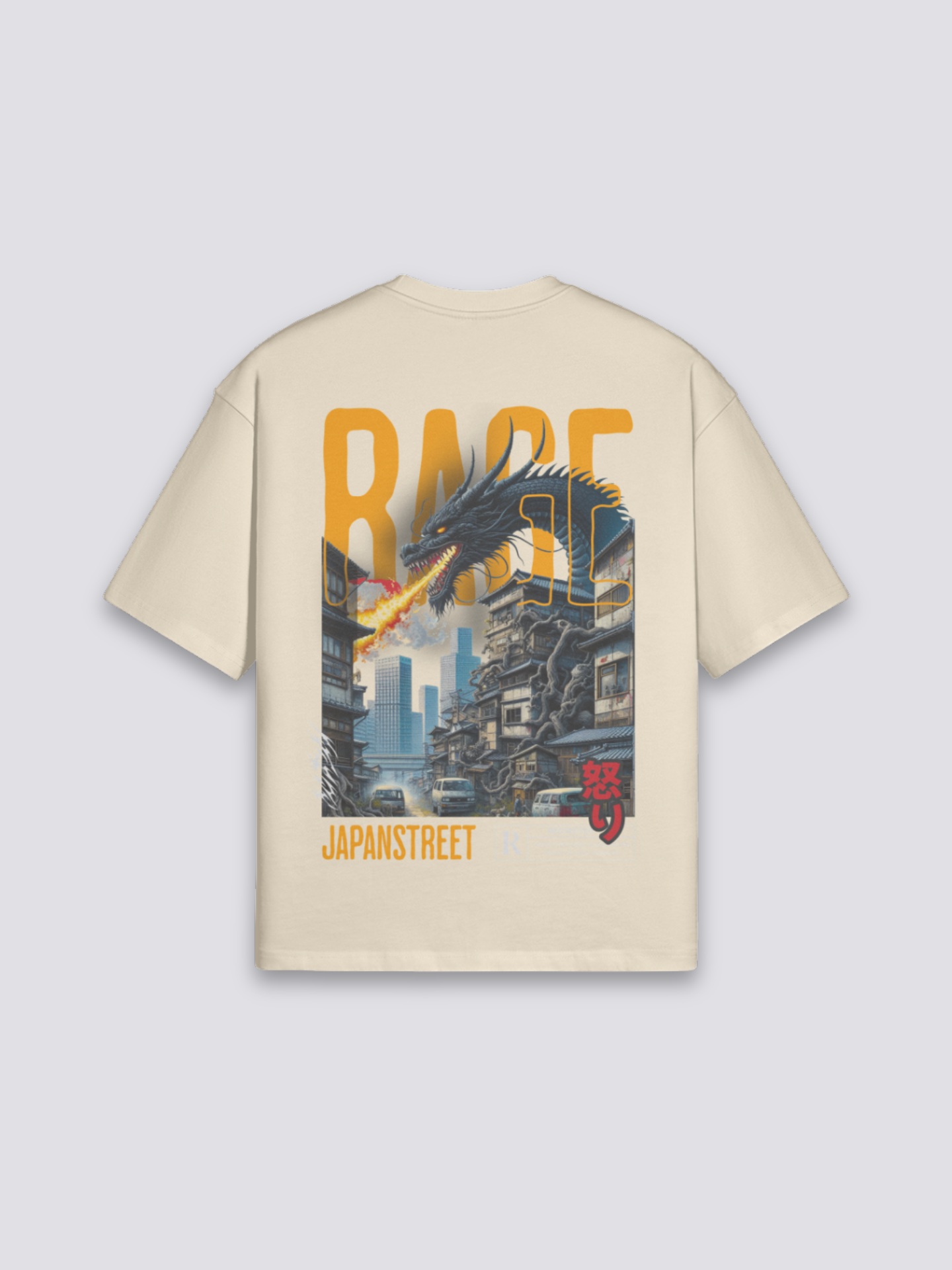Camiseta dragón en furia beige estampado japonés oversize