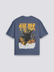 Camiseta kanji kaijū nubes azul marino estampado japonés oversize