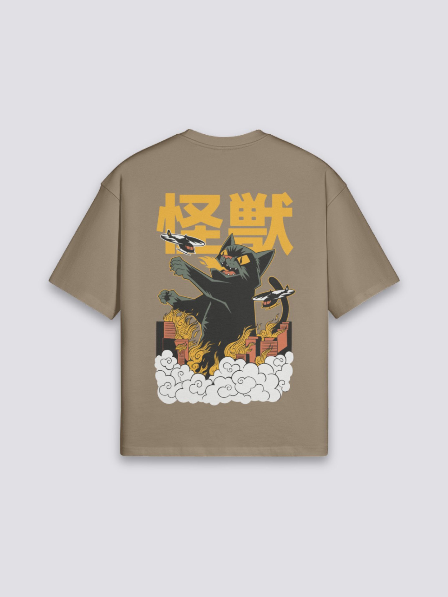 Camiseta kanji kaijū nubes marrón estampado japonés oversize