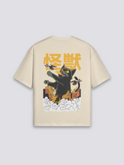 Camiseta kanji kaijū nubes beige estampado japonés oversize
