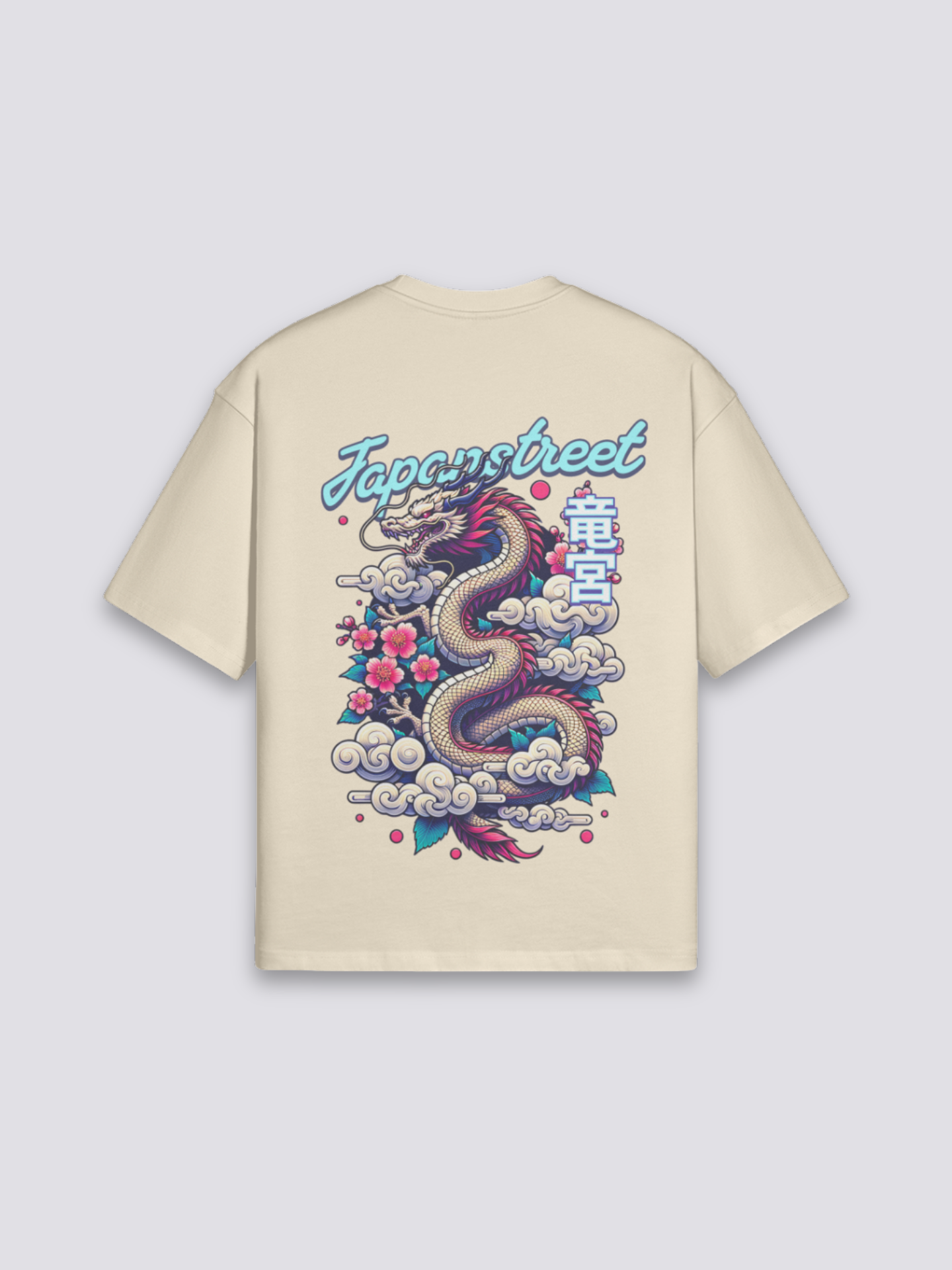 Camiseta Ryūjin dragón de mar beige estampado japonés oversize