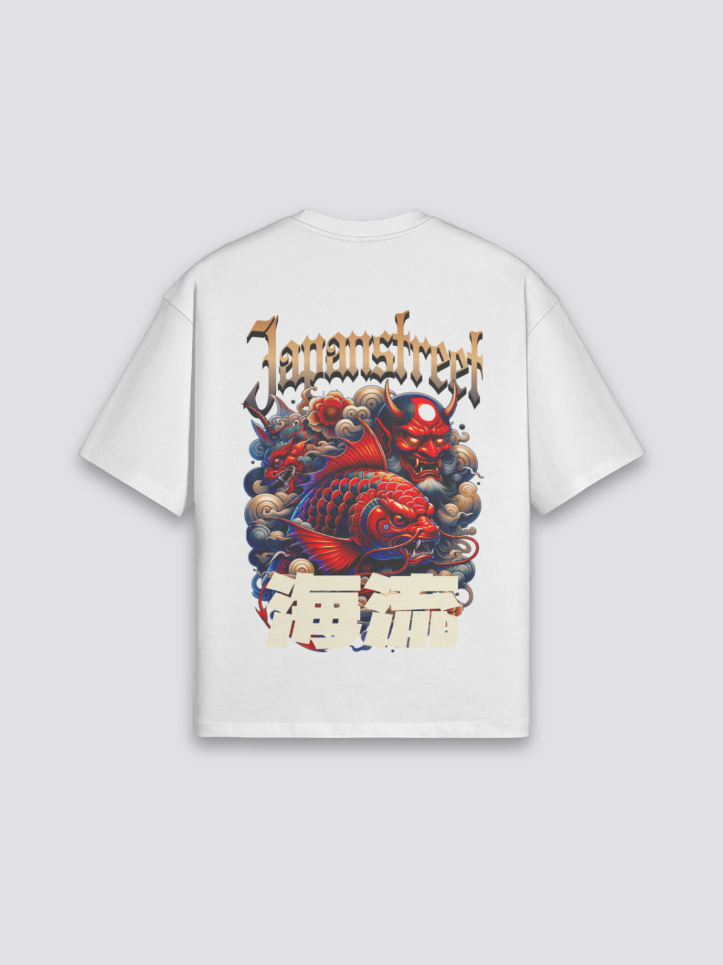 Camiseta japonesa oversize oni y koi blanco estampado japonés oversize