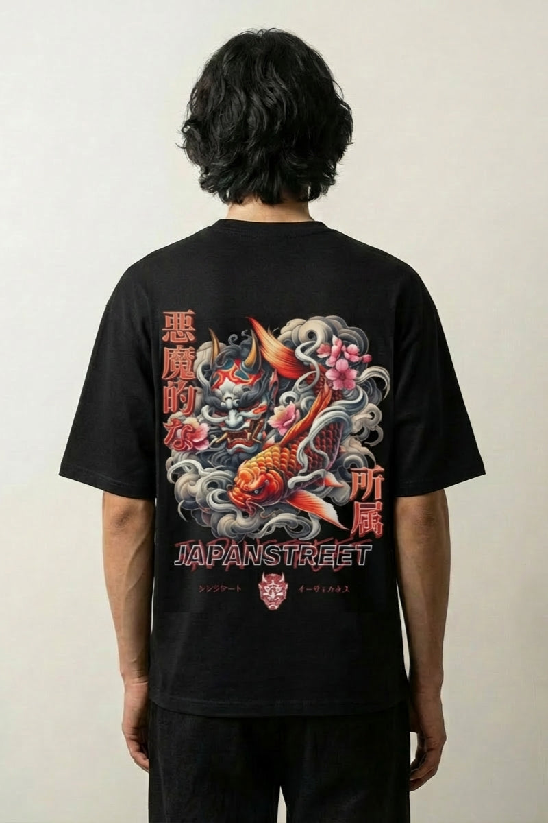 Camiseta vintage carpa koi y ola estampado japonés oversize