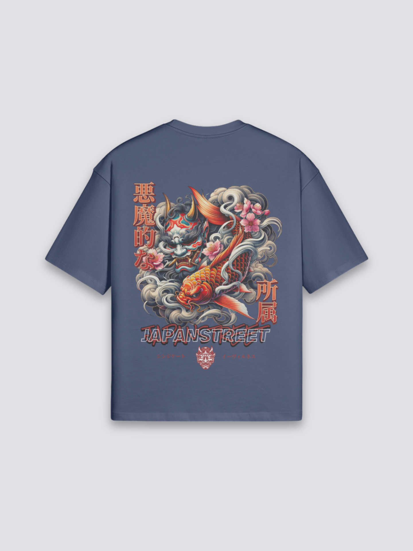 Camiseta vintage carpa koi y ola azul marino estampado japonés oversize