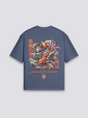 Camiseta vintage carpa koi y ola azul marino estampado japonés oversize