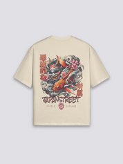 Camiseta vintage carpa koi y ola beige estampado japonés oversize