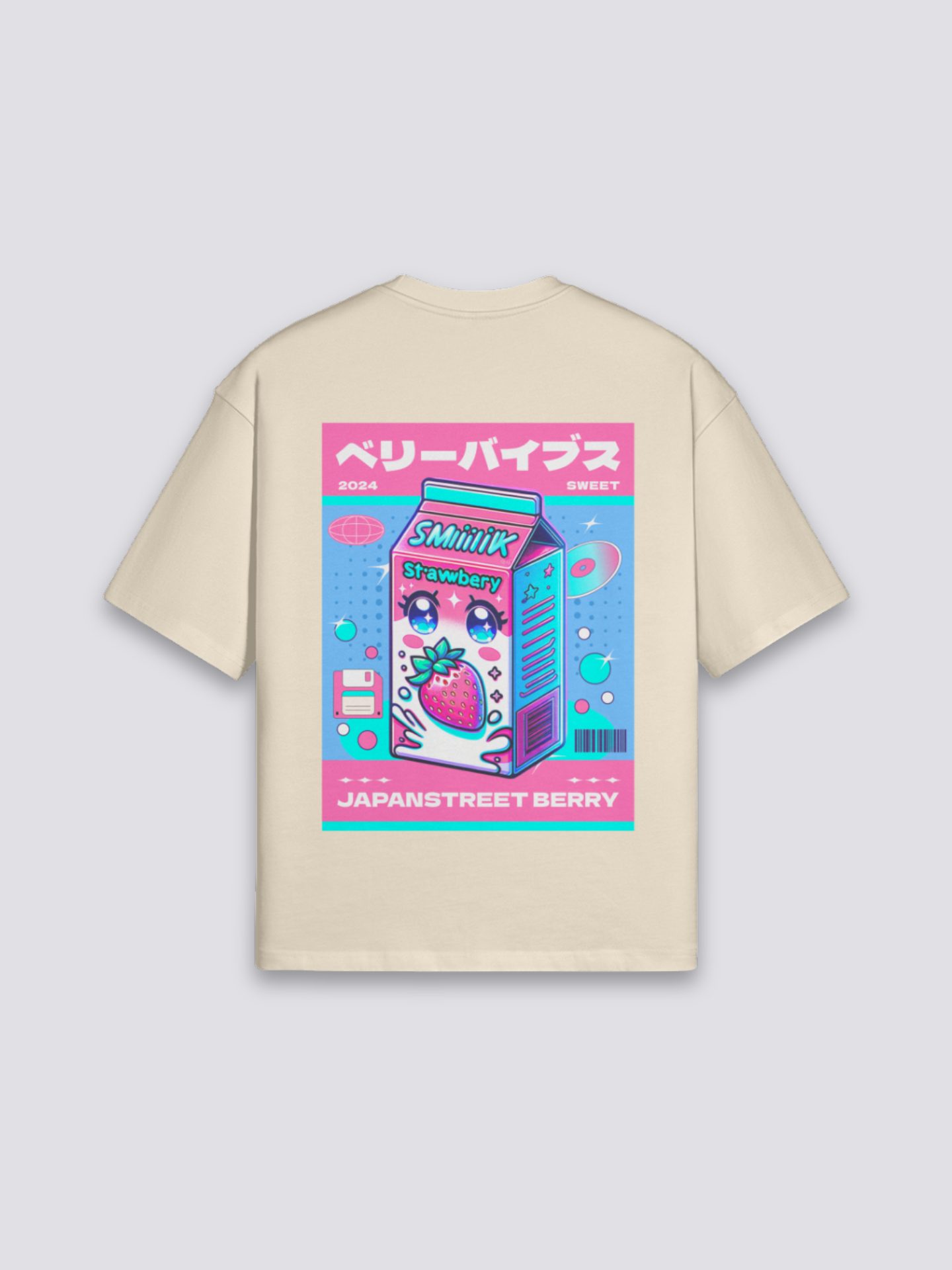 Camiseta kawaii leche de fresa beige estampado japonés oversize