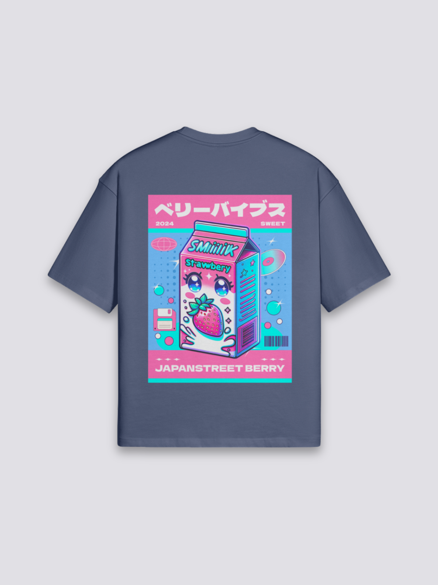Camiseta kawaii leche de fresa azul marino estampado japonés oversize
