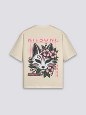 Camiseta Kitsune beige estampado japonés oversize