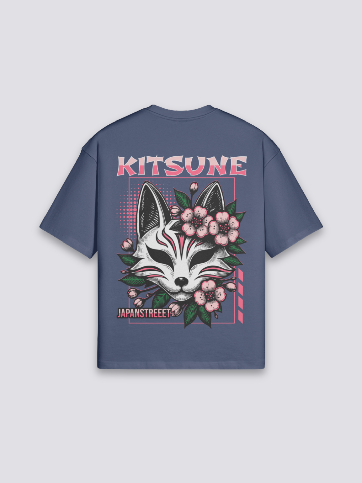 Camiseta Kitsune azul marino estampado japonés oversize
