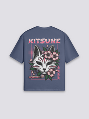 Camiseta Kitsune azul marino estampado japonés oversize