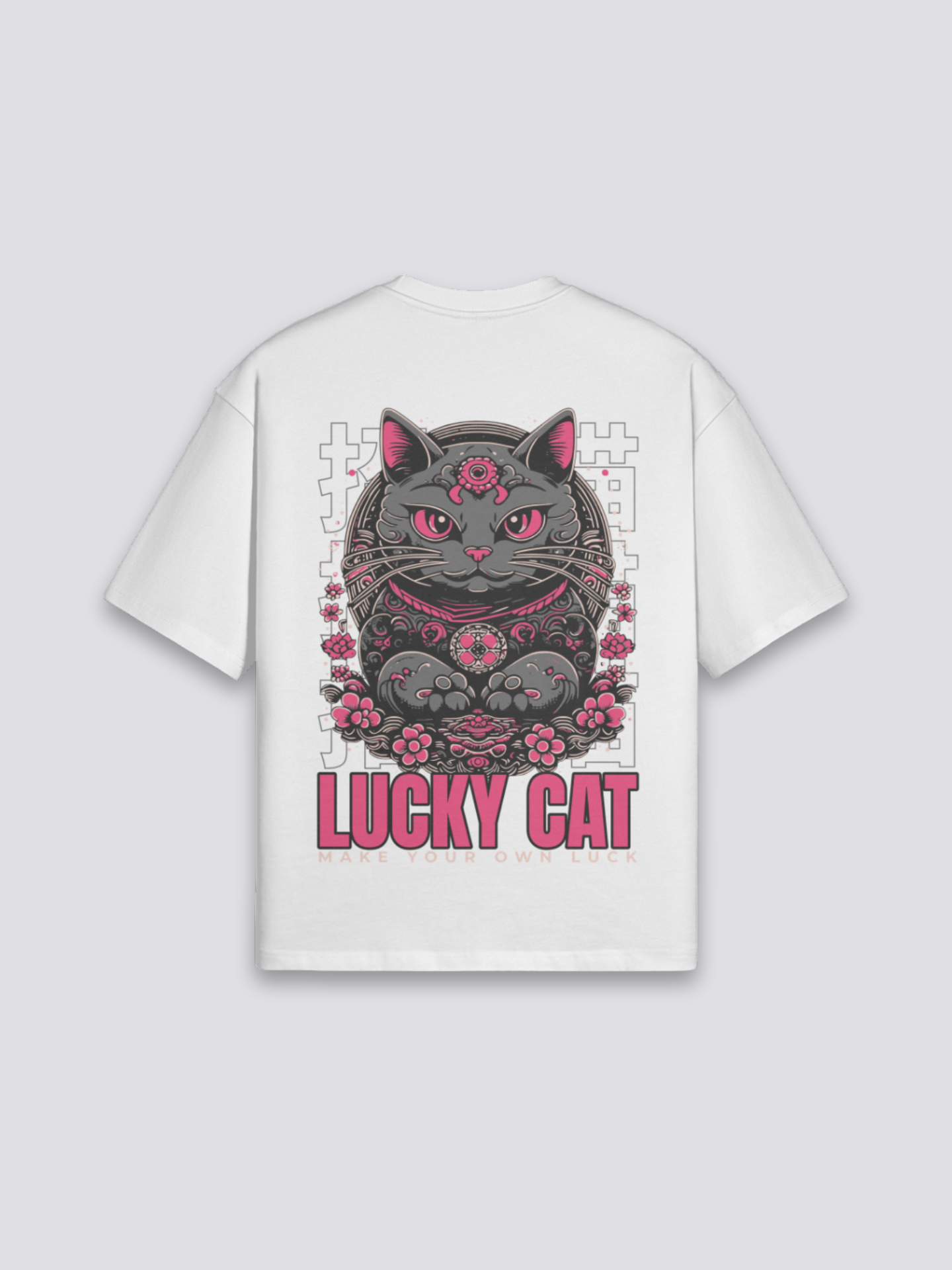 Camiseta maneki neko gato de la suerte blanco estampado japonés oversize