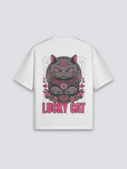 Camiseta maneki neko gato de la suerte blanco estampado japonés oversize