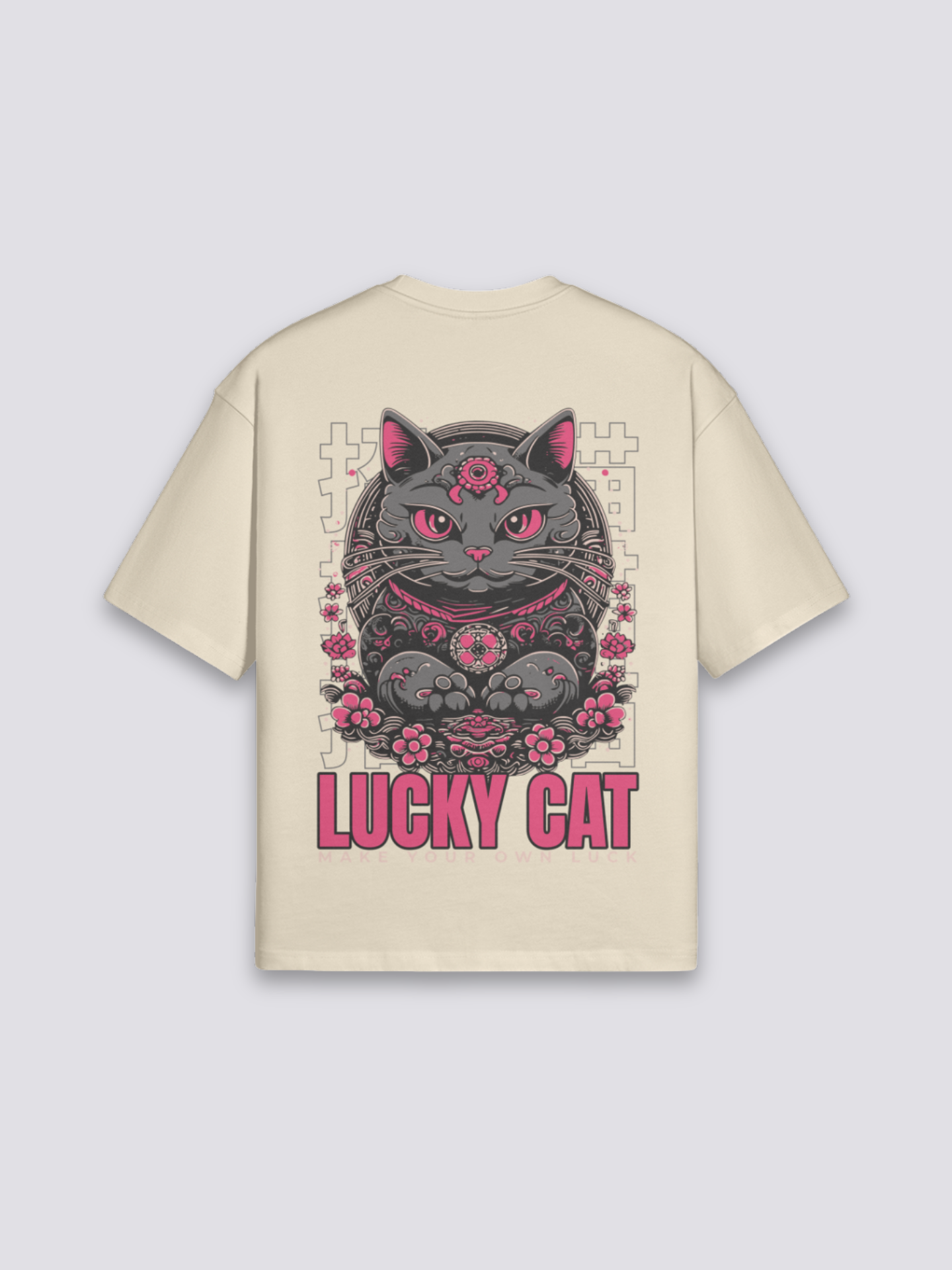 Camiseta maneki neko gato de la suerte beige estampado japonés oversize