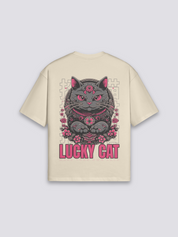 Camiseta maneki neko gato de la suerte beige estampado japonés oversize