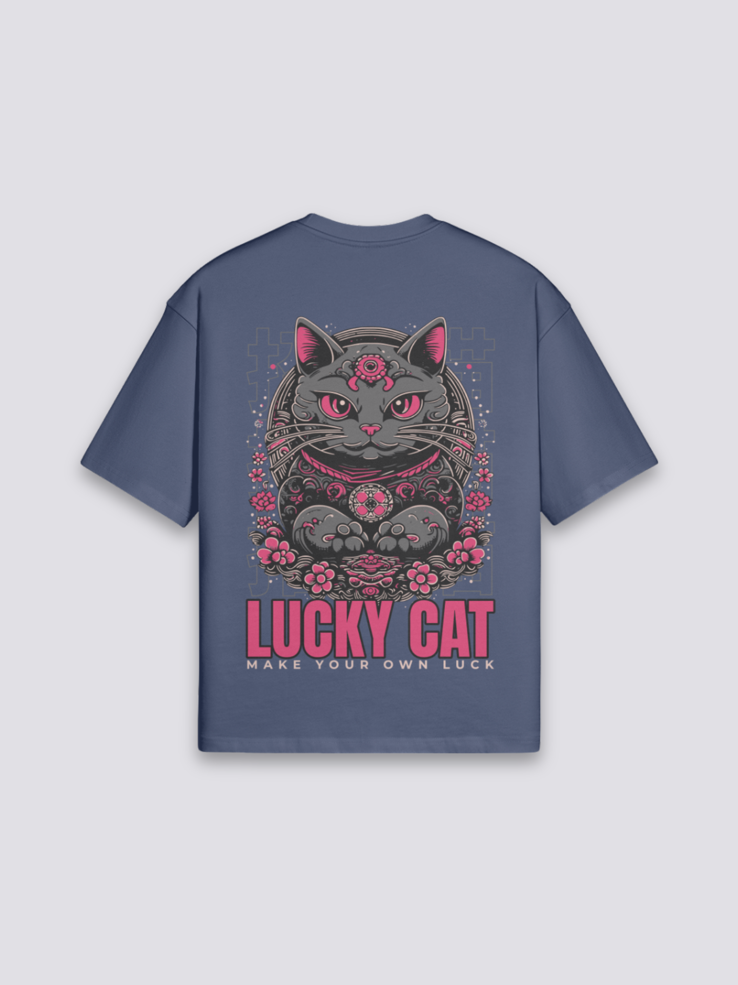 Camiseta maneki neko gato de la suerte azul marino estampado japonés oversize