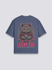 Camiseta maneki neko gato de la suerte azul marino estampado japonés oversize