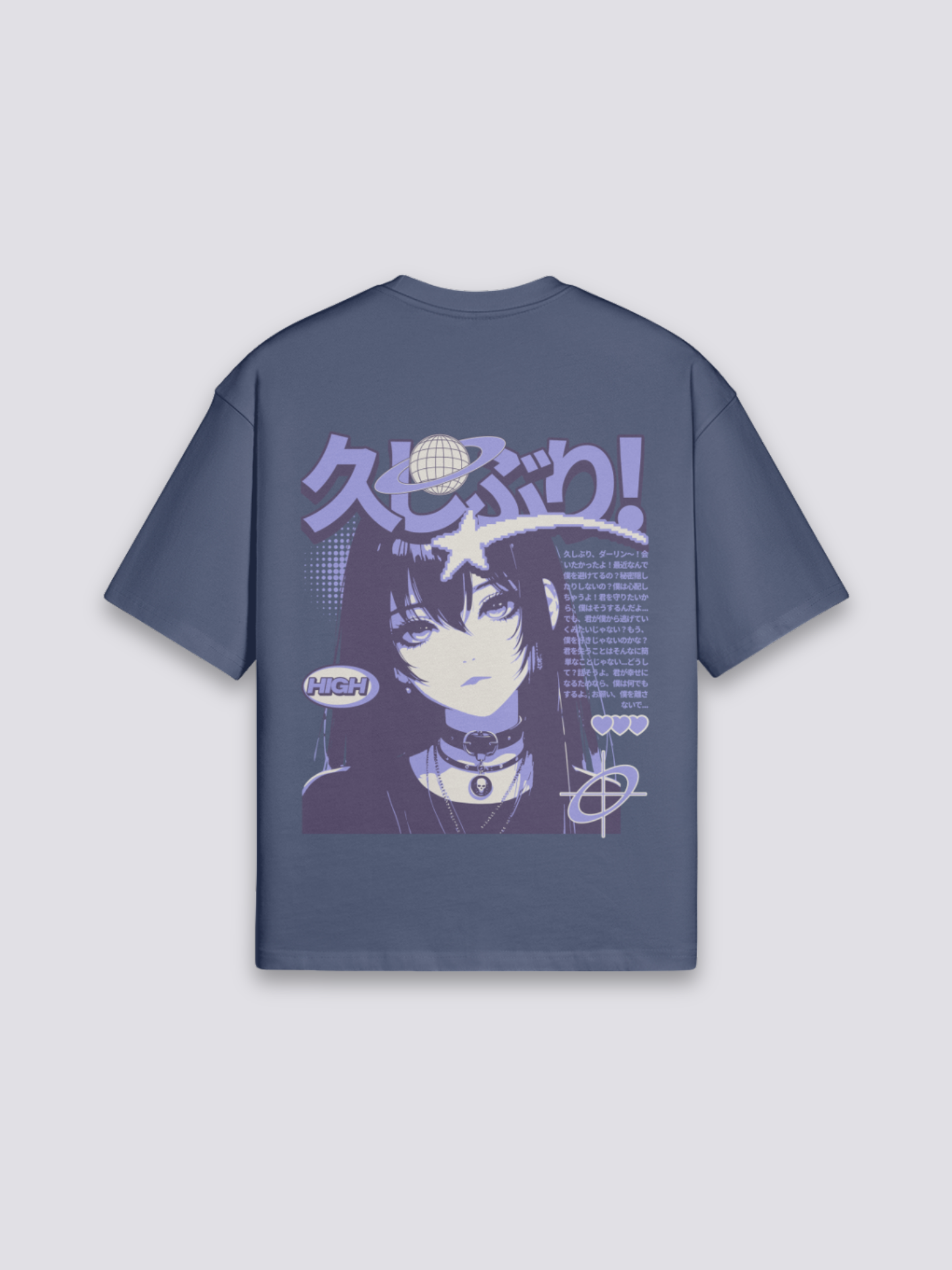 Camiseta manga shōjo azul marino estampado japonés oversize