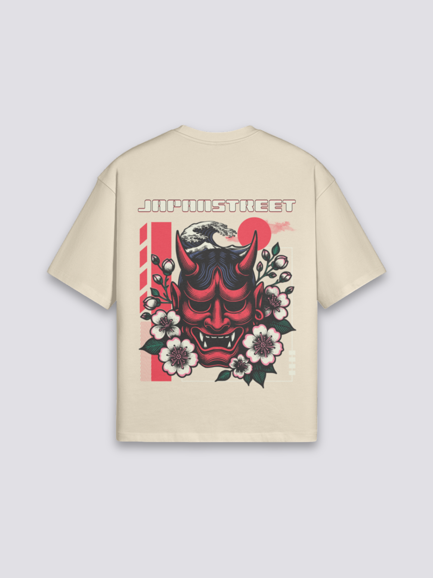 Camiseta Oni máscara hannya beige estampado japonés oversize