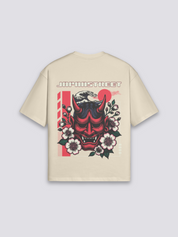 Camiseta Oni máscara hannya beige estampado japonés oversize