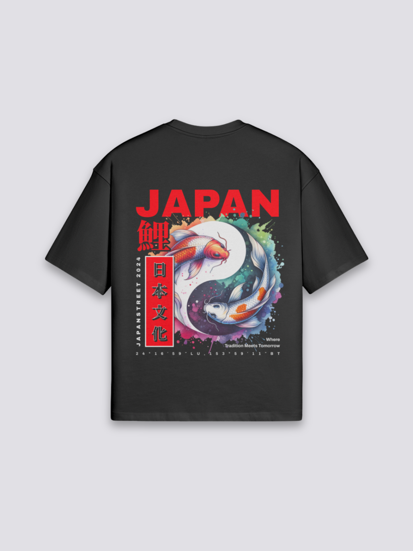 Camiseta carpa koi yin-yang estampado japonés oversize
