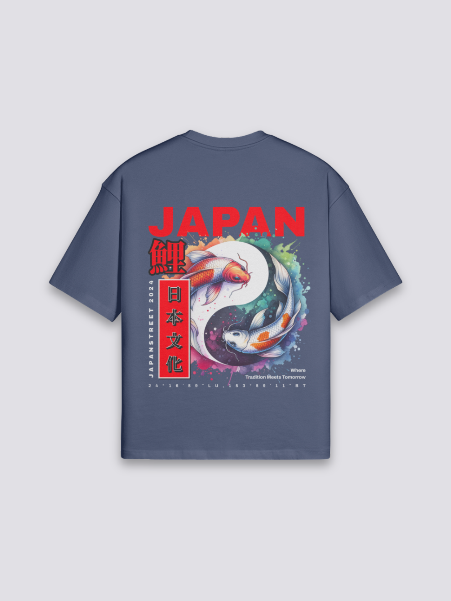 Camiseta carpa koi yin-yang azul marino estampado japonés oversize