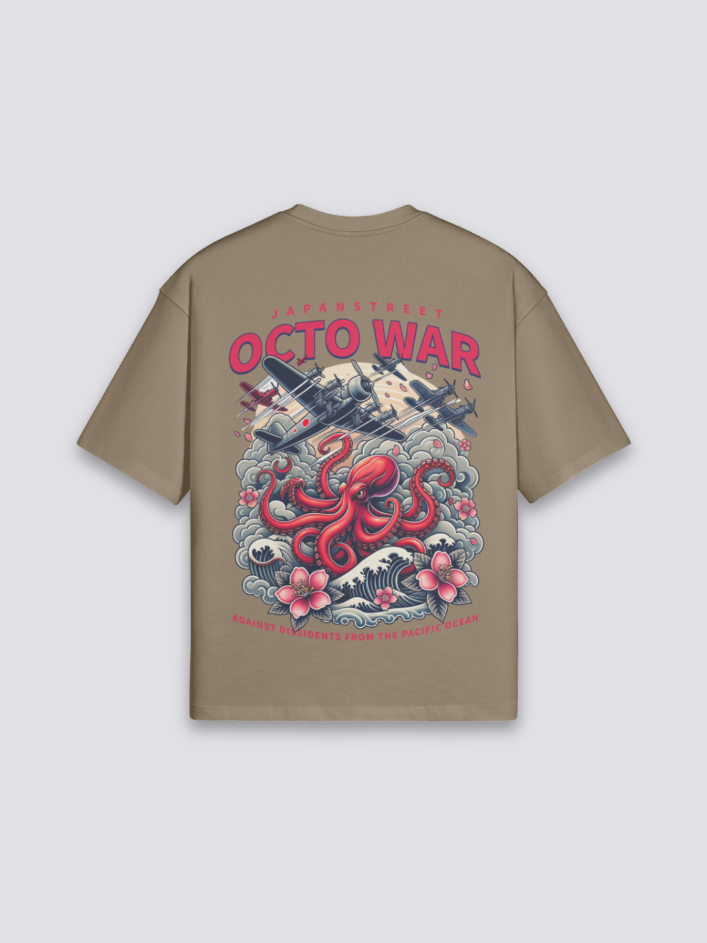 Camiseta pulpo japonés octo war marrón estampado japonés oversize