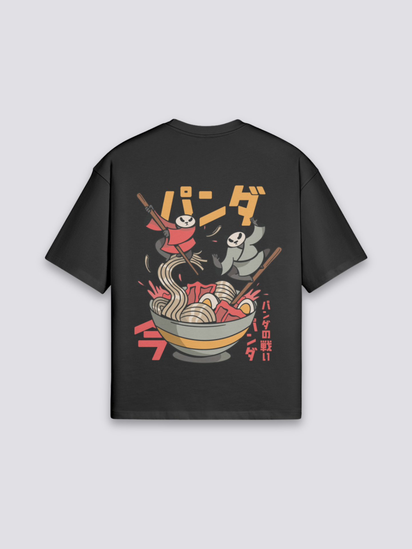 Camiseta ramen panda ninja negro estampado japonés oversize