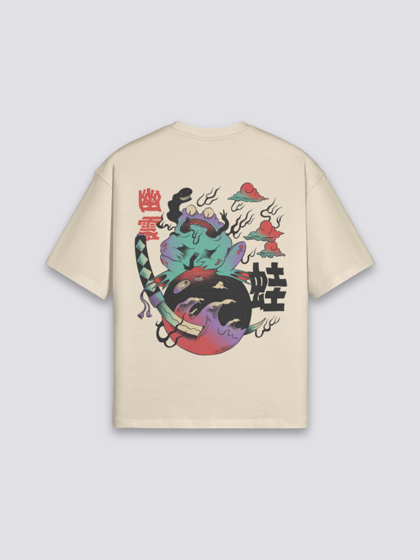 Camiseta retro japonesa rana samurái beige estampado japonés oversize