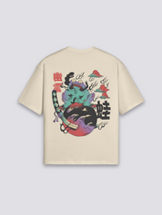 Camiseta retro japonesa rana samurái beige estampado japonés oversize