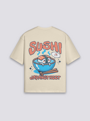 Camiseta sushi salmón beige estampado japonés oversize