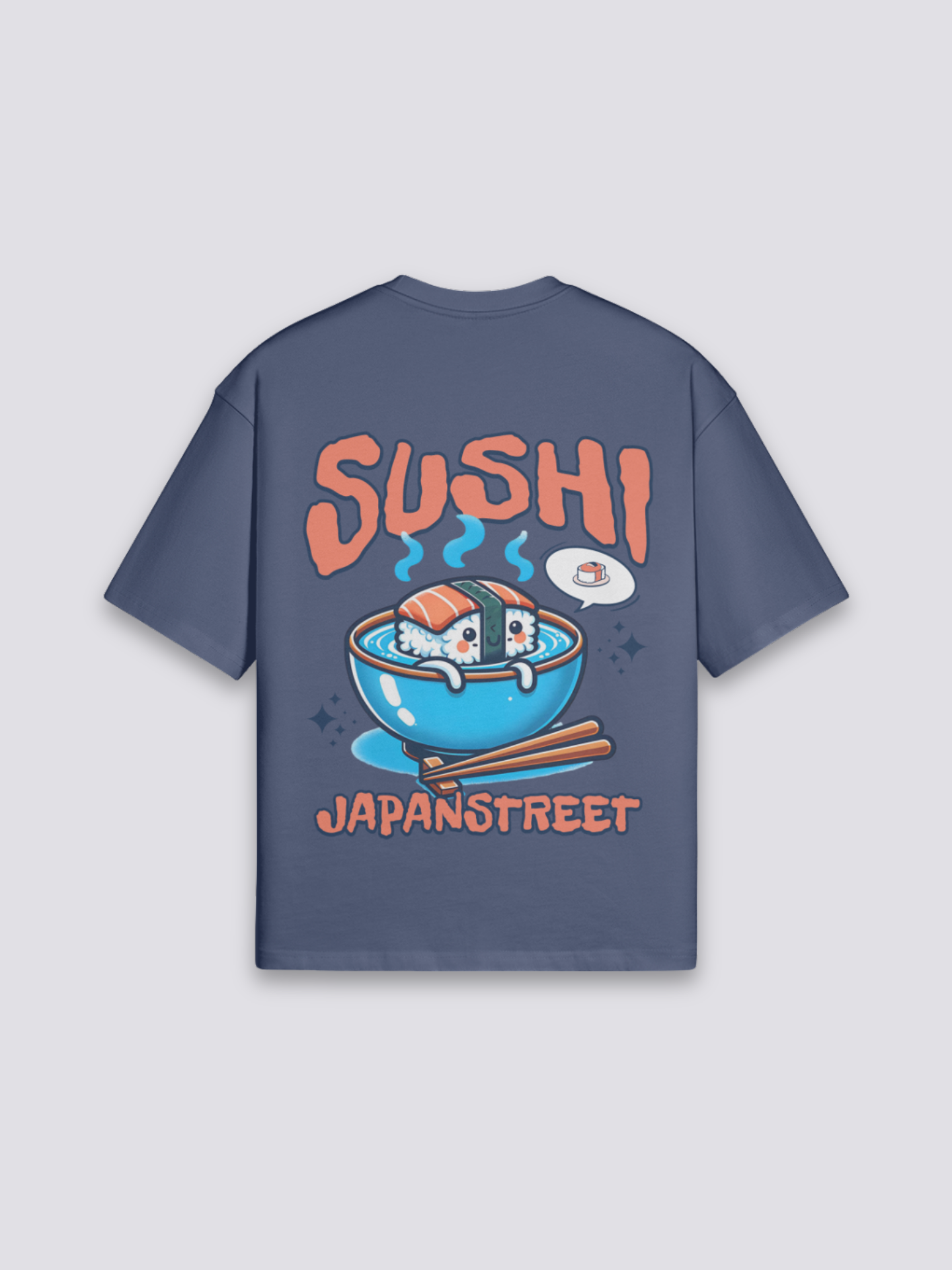 Camiseta sushi salmón azul marino estampado japonés oversize
