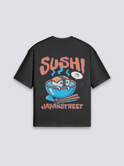 Camiseta sushi salmón negro estampado japonés oversize