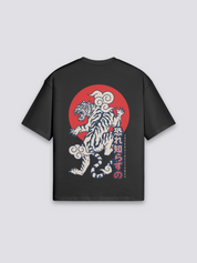 Camiseta tigre blanco sol rojo negro estampado japonés oversize