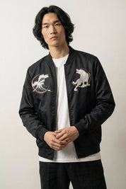 Chaqueta bomber de recuerdo Kitsuneneki vista trasera bordado poliéster cazadora souvenir sukajan streetwear japonés Ropa Japonesa