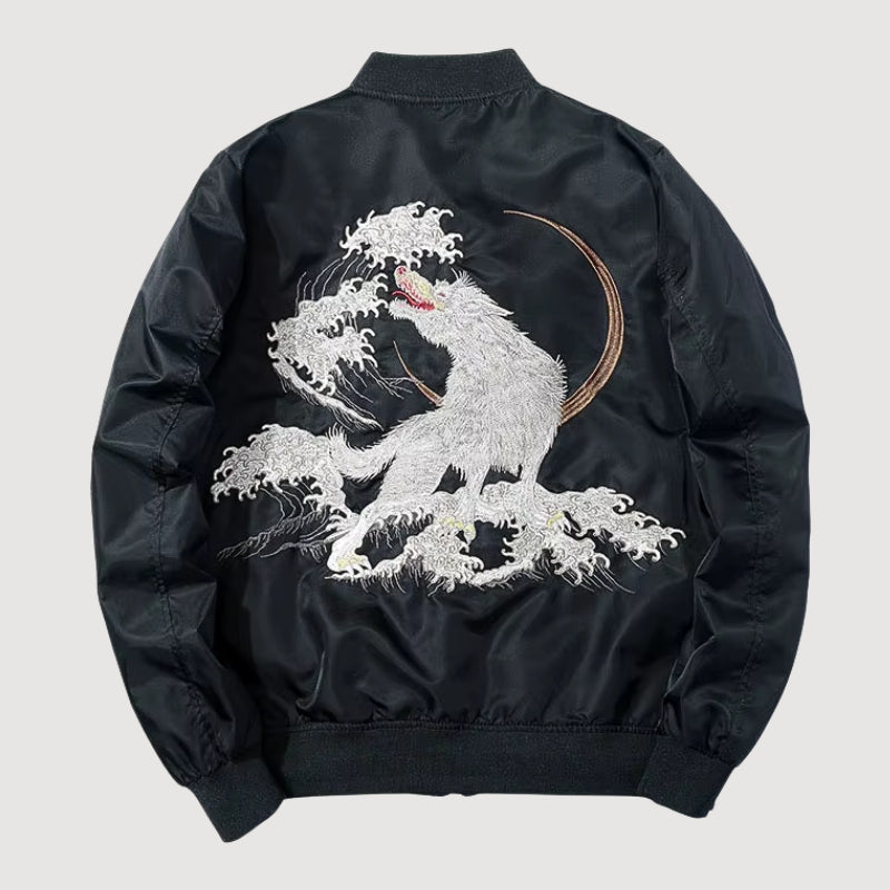 Chaqueta bomber de recuerdo Kitsuneneki vista trasera bordado poliéster cazadora souvenir sukajan streetwear japonés Ropa Japonesa